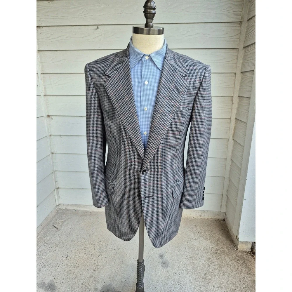 Oxxford Clothes Made By Hand Grey Houndstooth‎ Windowpane Sport Coat Sz 40 S R